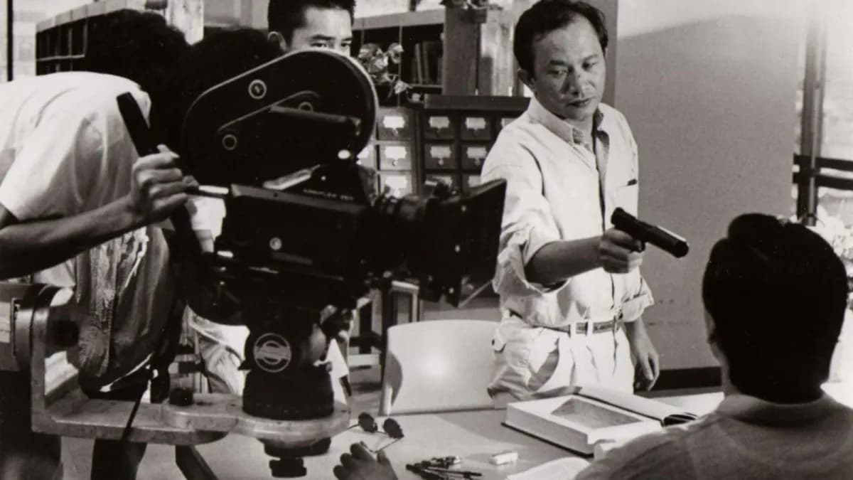 John Woo style action scene with doves, guns, and slow motion